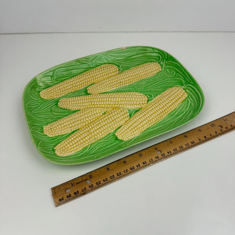 Vtg Ceramic Corn on the Cob Platter Textured Green Yellow Serving‎ Decor Japan